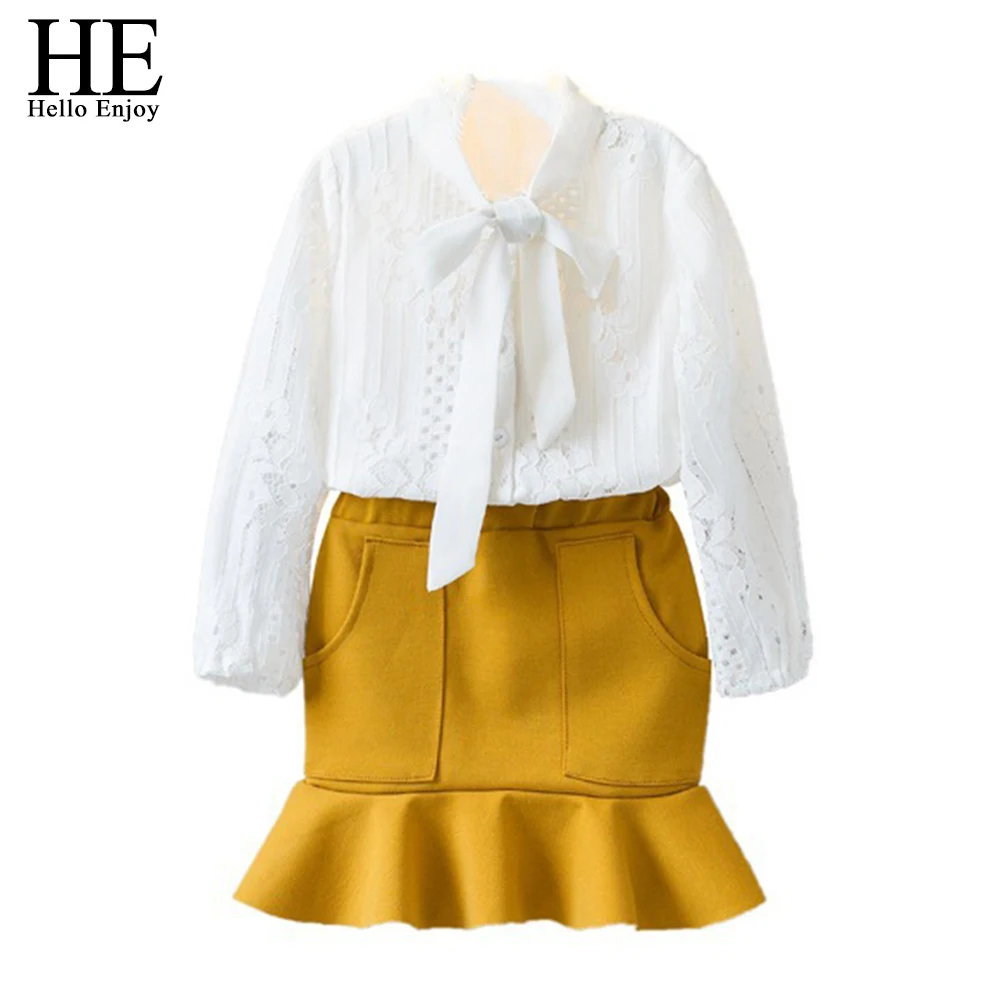 

HE Hello Enjoy Baby Girls Clothes Spring Kids Clothing For Girls Long Sleeve Lace Shirt+Fishtail Dress 2pcs Suit 2019 New Design