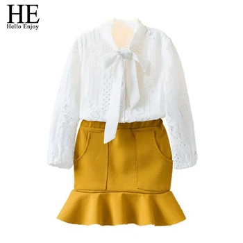 

HE Hello Enjoy Baby Girls Clothes Spring Kids Clothing For Girls Long Sleeve Lace Shirt+Fishtail Dress 2pcs Suit 2019 New Design