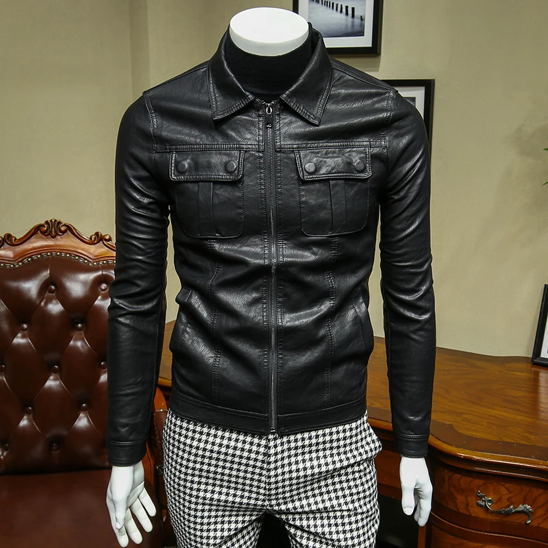 

XM GeeKi Men's Black Casual Washing PU Leather Moto Street Coat Mens Slim Korean Handsome Short Jackets lapel PU Jacket Male