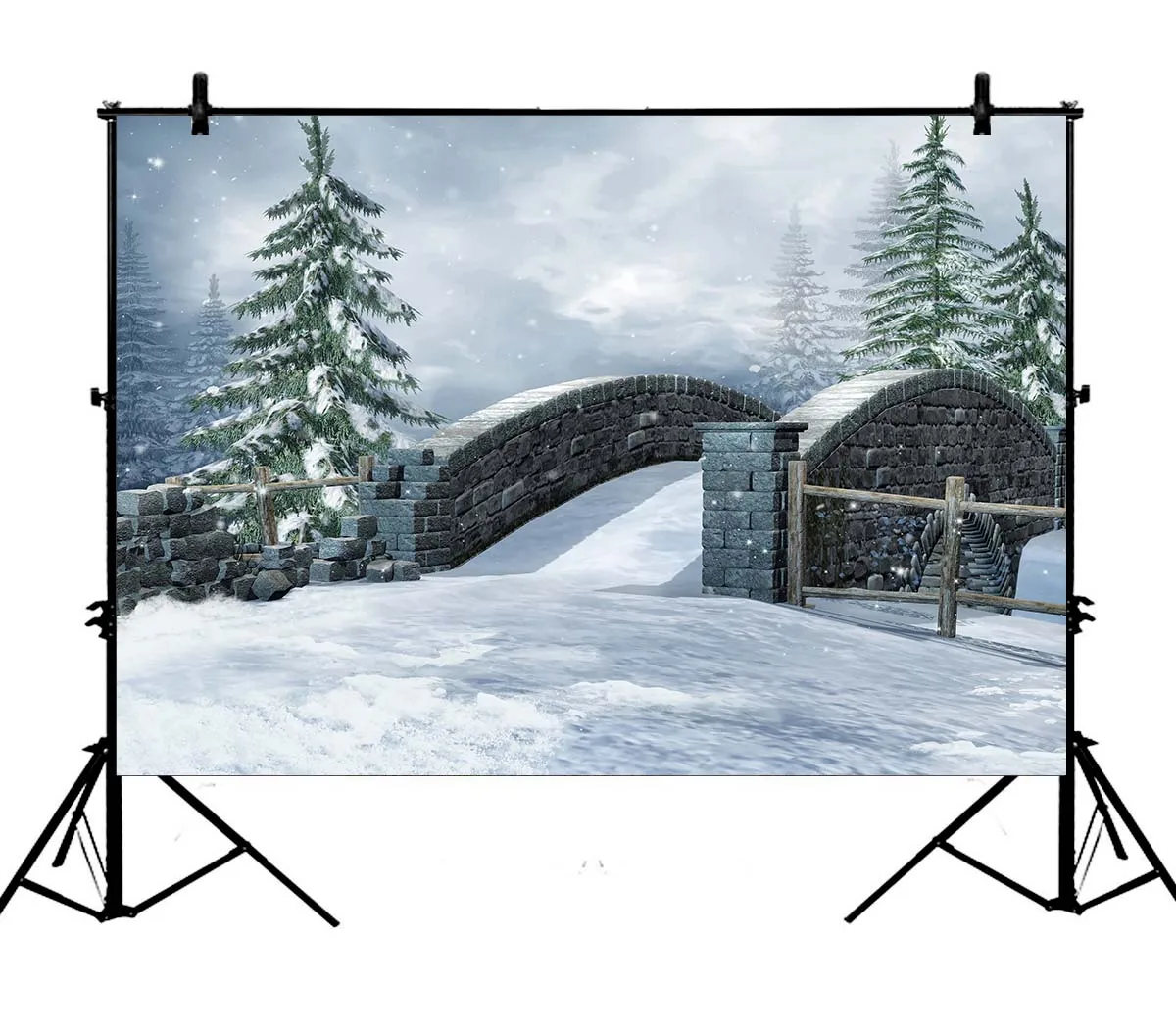 

5x7ft Winter Wonderland Pine Forests Brick Bridge River Wooden Polyester Photo Background Portrait Backdrop