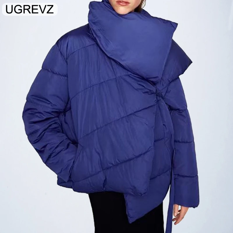

UGREVZ 2018 Winter Women Loose Coat Big Lapel Collar Side Lace Up Casual Asymmetry Thicker Cotton Basic Coat Blue Warm Outerwear