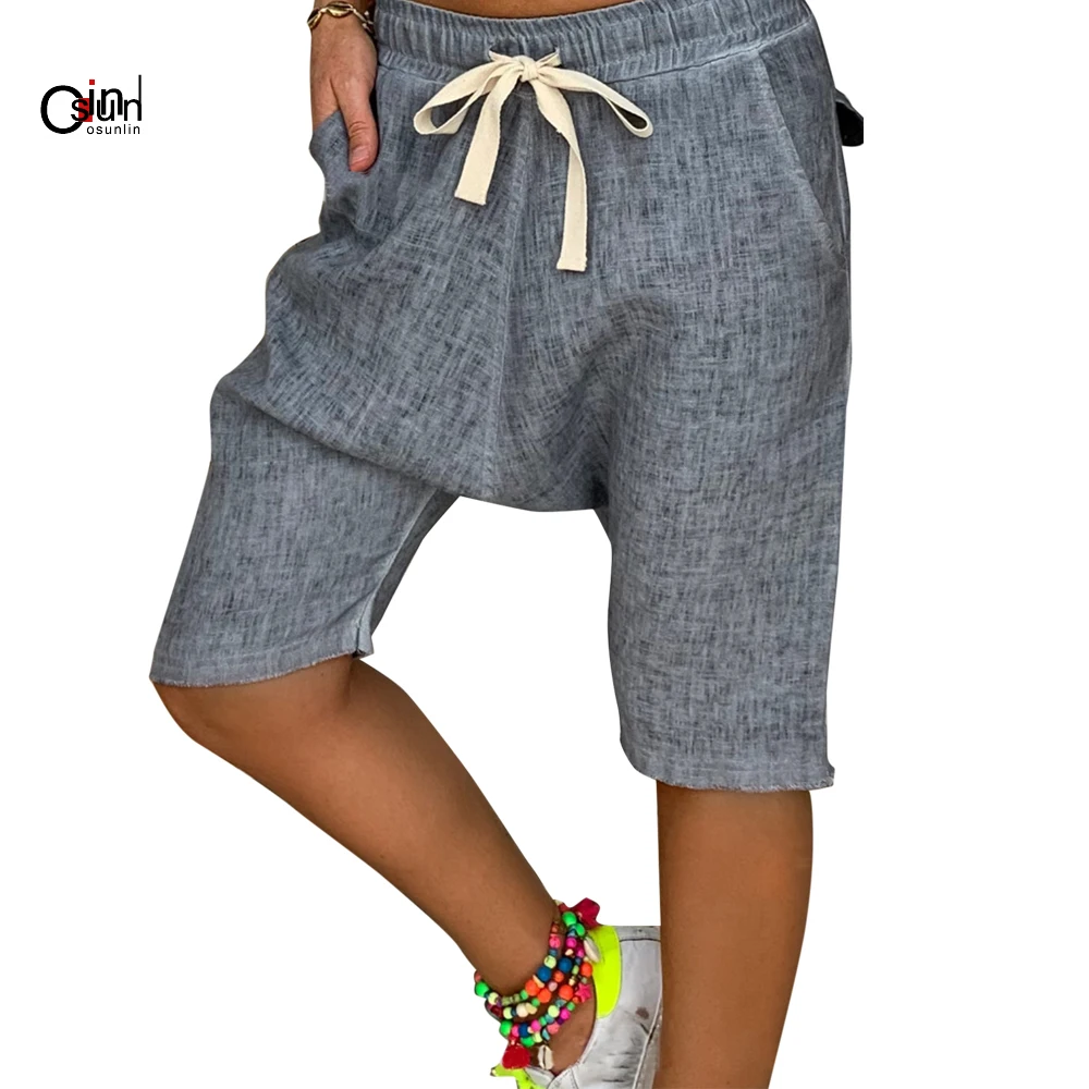 Osunlin Women Mid Waist Cross Pants Solid Casual Pants Belt Women Loose White Hip Hop Pants With Pockets Pantalones Mujer S-5XL