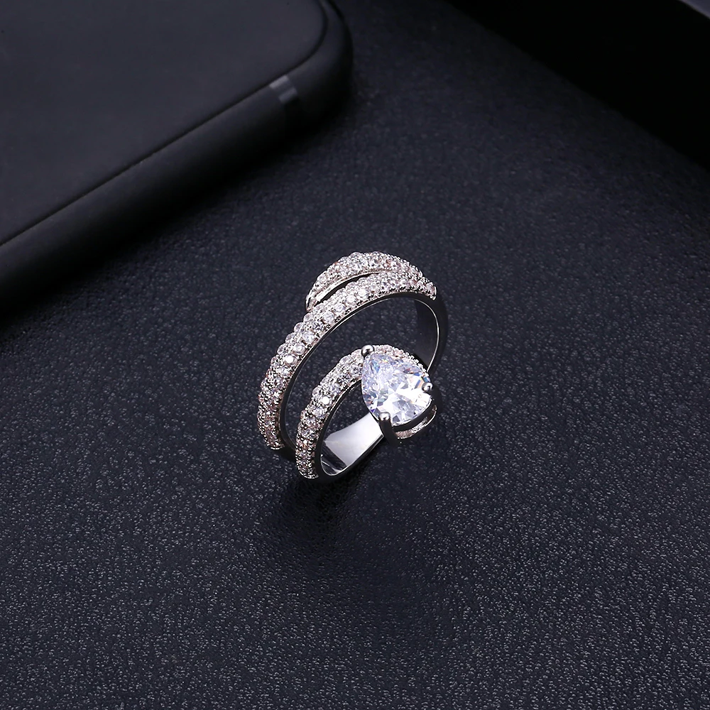 

JANEKELLYTrendy Top Quality Jewelry Silver HandMade water drop cube zirco round stone Ring White Gold-color Rings for women gift