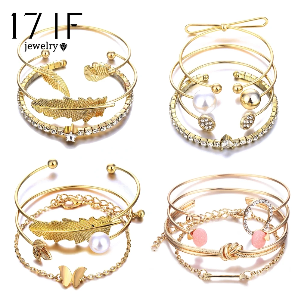 

17IF 4 Pcs/ Set Opening Crystal Leaves Bracelets For Women Charm Zircon Tennis Chain Gold Bracelet Set Female Fashion Jewelry