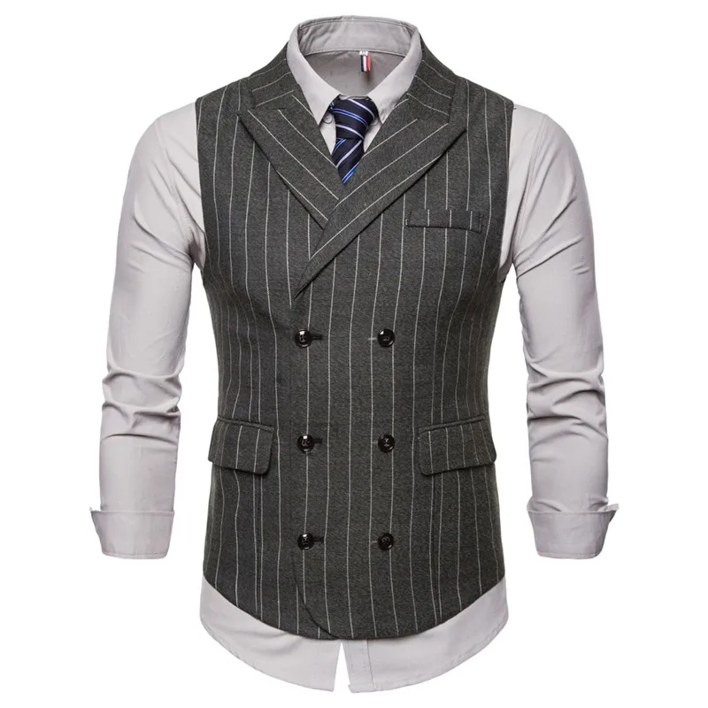 Riinr 2019 Autumn and Winter New Retro Wind Collar Collar Striped Men's Casual Double-Breasted Vest Suit Vest Men Jacket Plus 