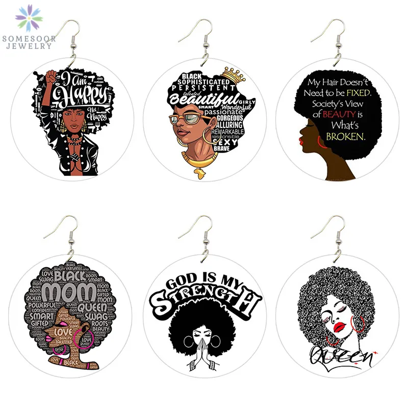 

SOMESOOR Printed Black Sayings Wood Drop Earrings African Queen Locs Smart Afro Natural Hair Power Dangle Jewelry For Women Gift