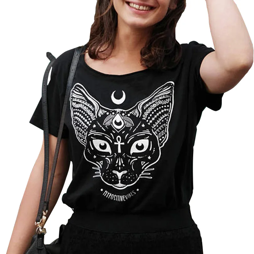 

Punk Gothic sphynx cat Head Moon Printed T-shirts Black Witch Symbol Tshirts for Goth Girls Female Cotton Tee Tops Short Sleeve