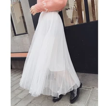 Летняя жемчужина миди юбка женская дикая сетка Марля свежий сладкий цветок шифон юбки плиссированные женские рюшами белый бисером черный корейский