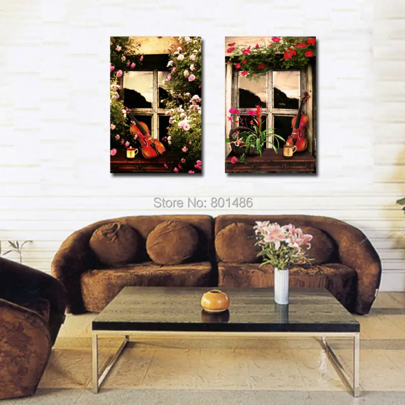 

Factory Price -2 pieces/panles guitar ona garden window art painting pictures print on canvas for home decoration