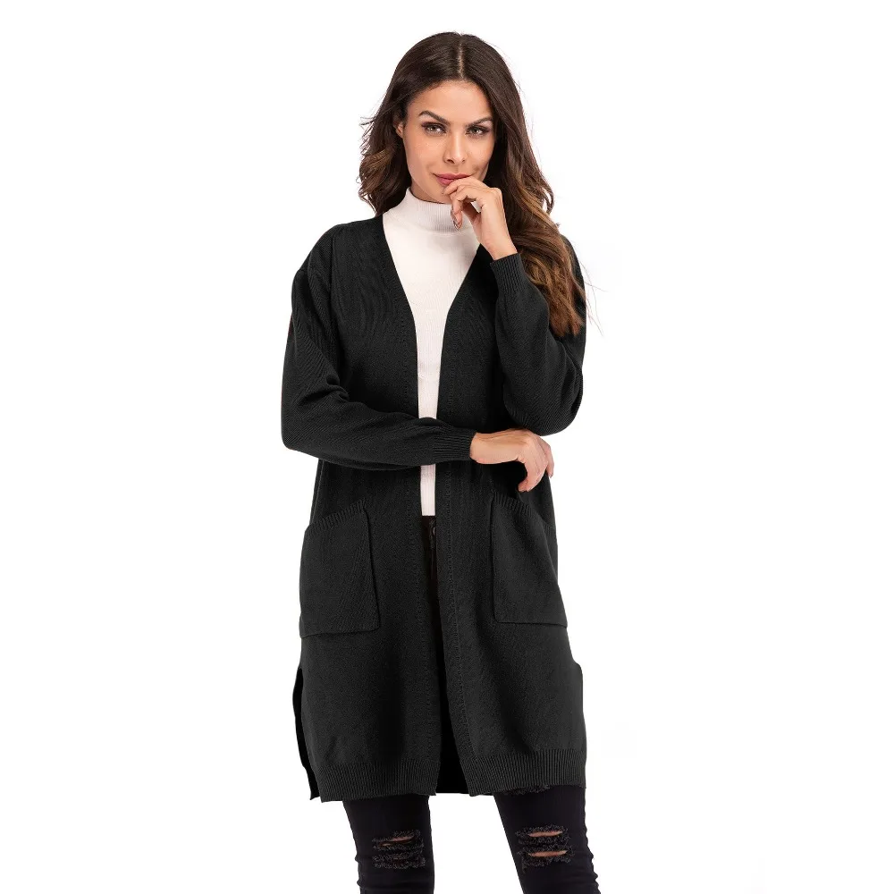 

YYFS 2018 Women's Autumn Solid Color Long Knit Jacket Long Sleeve Double Pocket