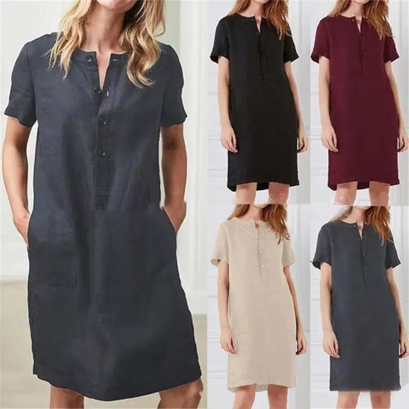 Summer Linen Dress 2019 Celmia Women Tunic Top Short Sleeve Shirt Button Female Vintage Casual Sundress Sarafans Vestidos S-5XL