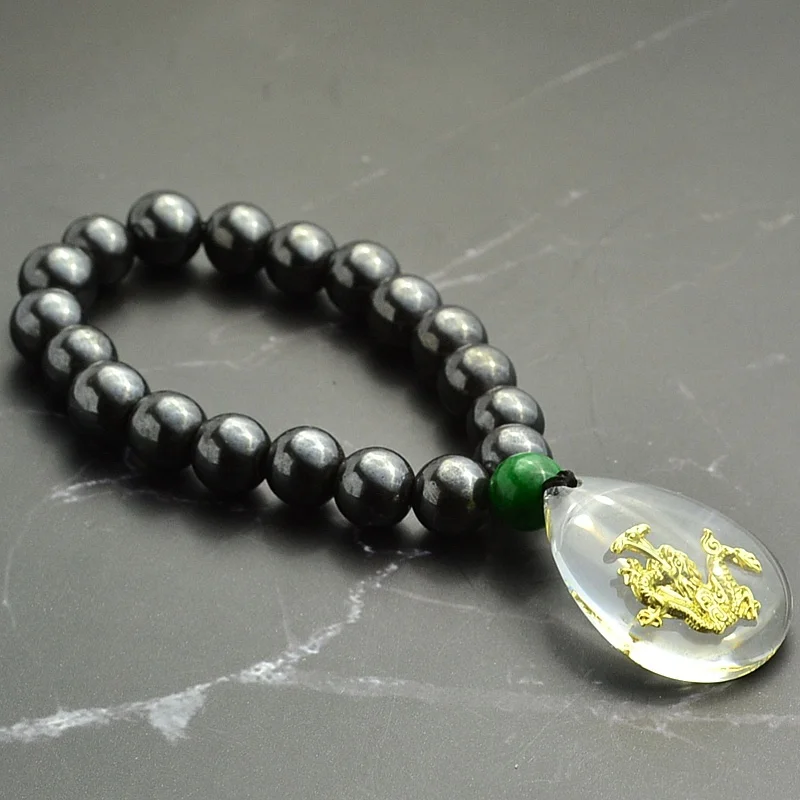 

Men Creative Handmade Lucky Black Magnetic Gold Dragon Pendant Hematite Beaded Charm Bracelet 10mm