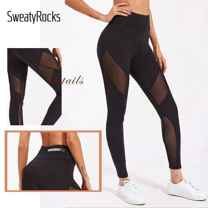 SweatyRocks Активный сетки Панель молниями леггинсы Activewear Высокая Талия обтягивающие леггинсы весенние пикантные Для женщин леггинсы