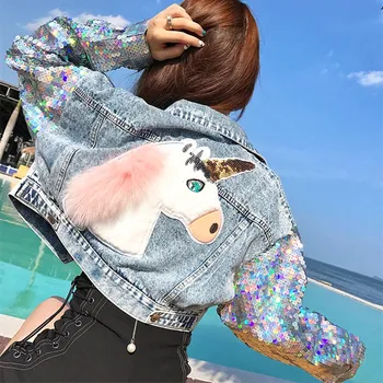 

Shiny Sequins Long Sleeve Denim Jacket Coat Women Cartoon Appliques Short Denim Jackets Hip Hop Geek Outwear Party Tops SL042