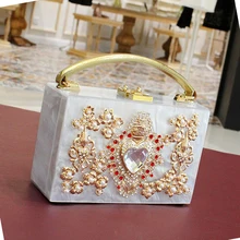 Luxus mode perle roten herzen Handtasche diamant acryl damen umhängetasche party totes kuriertasche flap clutch Tasche 8140