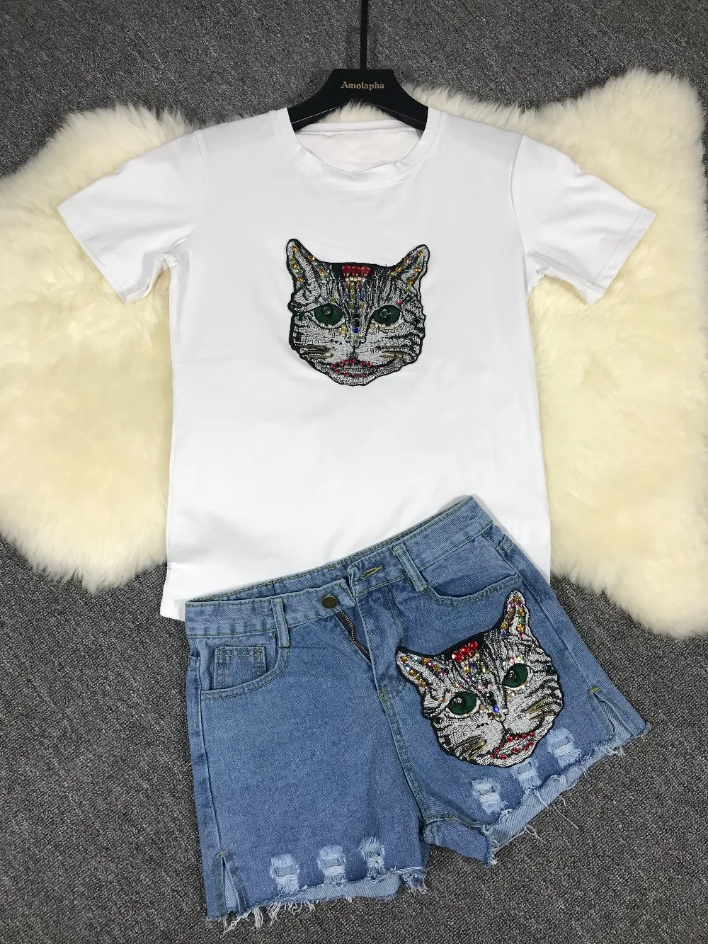 Amolapha женские модные футболки с котом + джинсы костюмы мультяшной вышивкой ручной