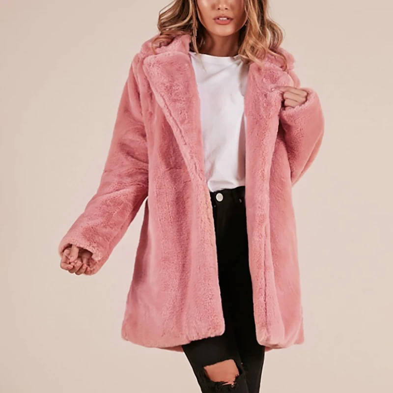 

Women Autumn Winter Long Faux Fur Coat Casual Long Sleeve Turn-down Collar Pocket Casual Warm Outerwears Size Plus 3XL 6Q2301