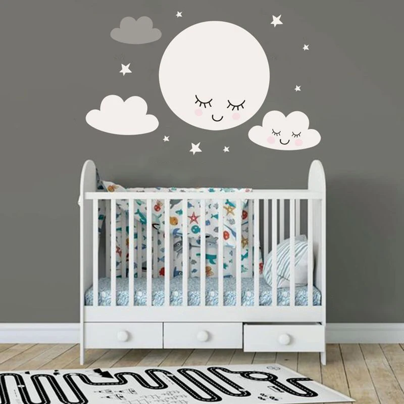 

Cartoon Black Hot Air Balloon White Cloud Smile Moon Wall Decals Wall Stickers for Kids Room Decoration DIY Wall Decor
