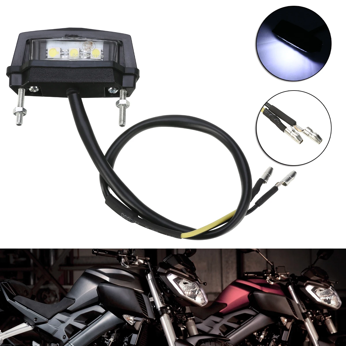 Mayitr 1PC Durable Motorcycle 12V Rear Tail Number Light Mini White LED License Plate Lights Black For Off-road Scooter ATV