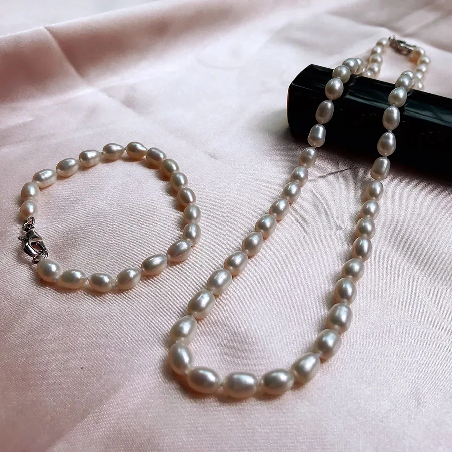 Женское белое классическое ожерелье из натурального пресноводного жемчуга+ браслет, набор из серебра 925 настоящего маленького жемчуга, ювелирные наборы для свадьбы