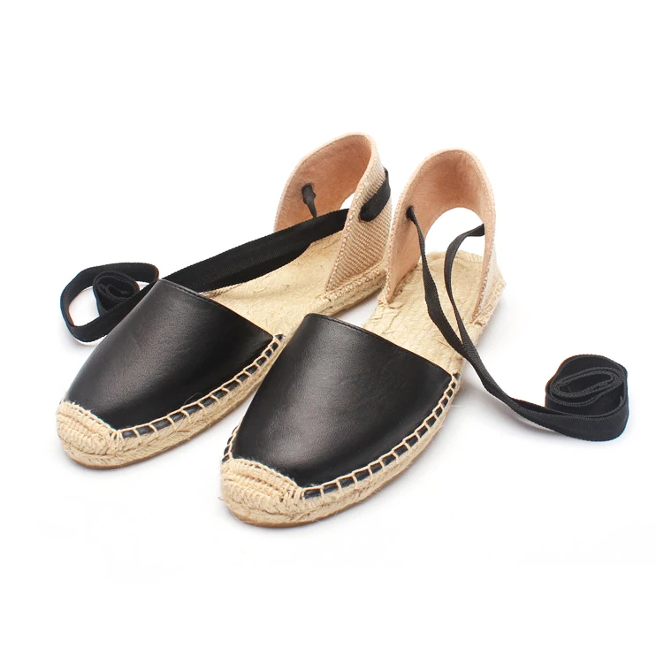 Black genuine leather Flat D's orsay flats sandals, women espadrilles sandals