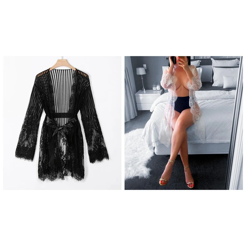 

Liva girl Sexy Lingerie Babydoll Erotic Robe Nightwear Pajamas Hooded Long Sleeve Lace Patchwork Nightwear Cardigan Robe