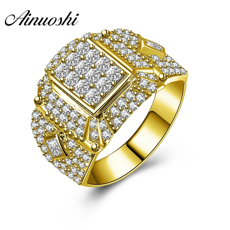 

AINUOSHI 10K Solid Yellow Gold Wedding Band Cluster Ring Geometric Pattern Luxury 6.6g Wedding Engagement Gold Jewelry Men Ring