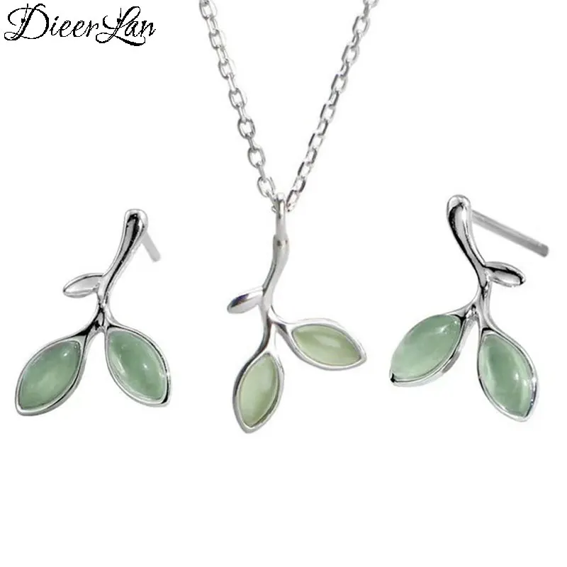 

DIEERLAN Opal Jewelry Sets for Women 925 Sterling Silver Green Leaf Earrings Choker Necklaces Girls Lady Female Party Gifts