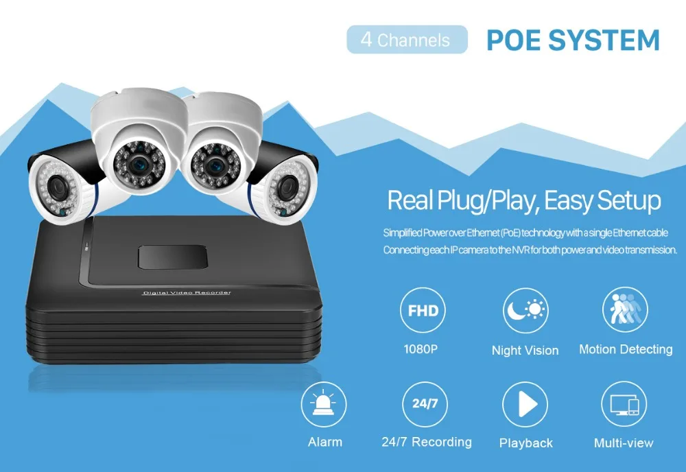 4CH 1080P POE NVR комплект, камера безопасности, система 1080P 2.0MP IR, для помещений и улицы, купольная POE ip-камера P2P, комплект видеонаблюдения