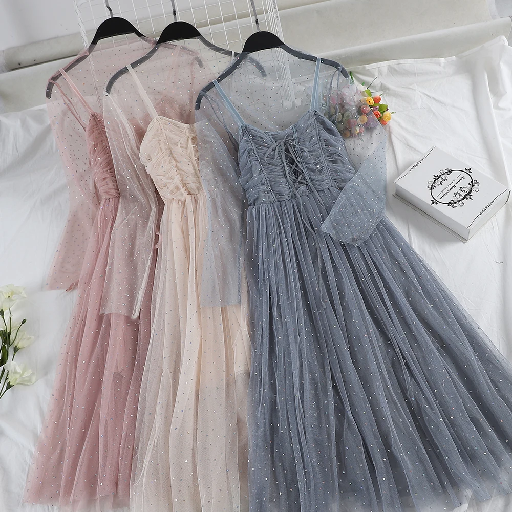 

2PCS Women Summer Preppy Long Sleeve Sequins Voile Dress Vintage Lace Up Bandage Pullover Slim Waist Mesh Gauze Yarn Bow Dresses