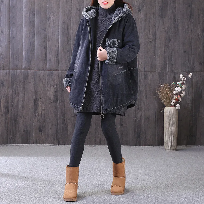New Women Denim Jacket Spring Lamb Hair Plus Velvet Thickening Hooded Outerwear Winter Medium Long Warm Loose Cowboy Coat Lj277