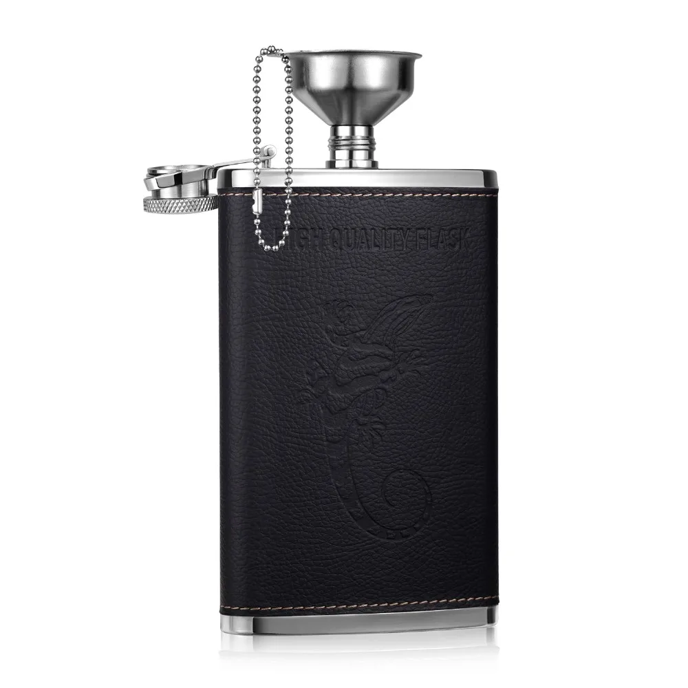 1pc 10 oz Thickened stainless steel and leather Hip Flask with Free Funnel Skeleton Whiskey