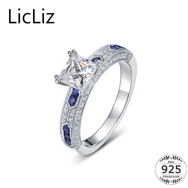 

LicLiz Women 925 Sterling Silver Square Solitaire Rings Finger Blue Micro Pave Cubic Zirconia Eternity Ring Wedding Band LR0451