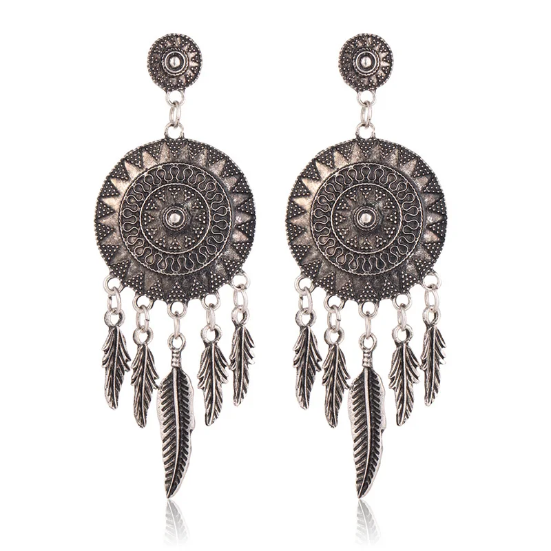 

Dream Catcher Hollow Out Vintage Leaf Feather Drop Earrings For Women Bohemia Style Statement Earring Indian Jewelry 2018