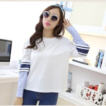 Женская рубашка новая мода Повседневная белая темно-синий Корейская свободная Лоскутная хлопковая футболка, T3240