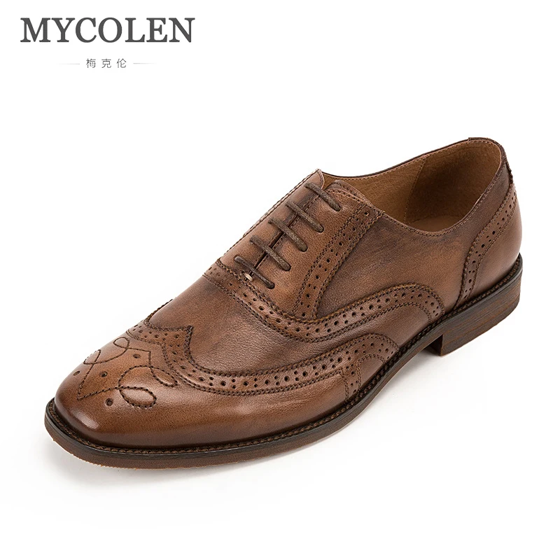 

MYCOLEN Men'S Leather Business Dress Suit Shoes Handmade Men Brand Bullock Genuine Leather Black Comfort Lace Up Wedding Shoes