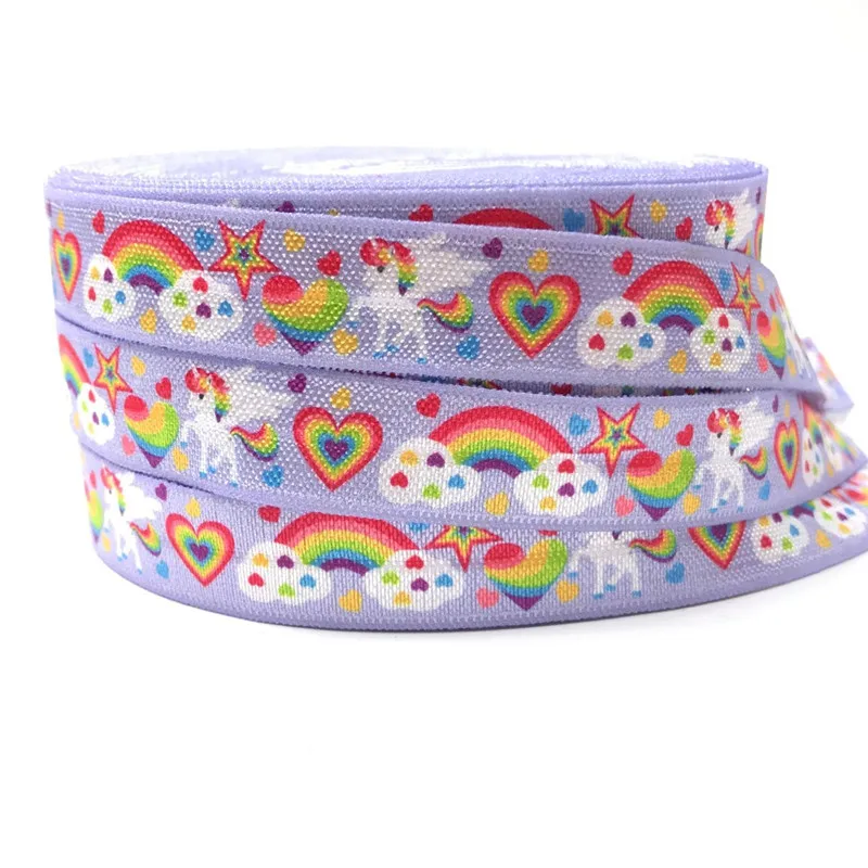 

10 yards wholesale/OEM 5/8inch 15mm Rainbow unicorn on purple design folded over elastic FOE for hair tie free shipping