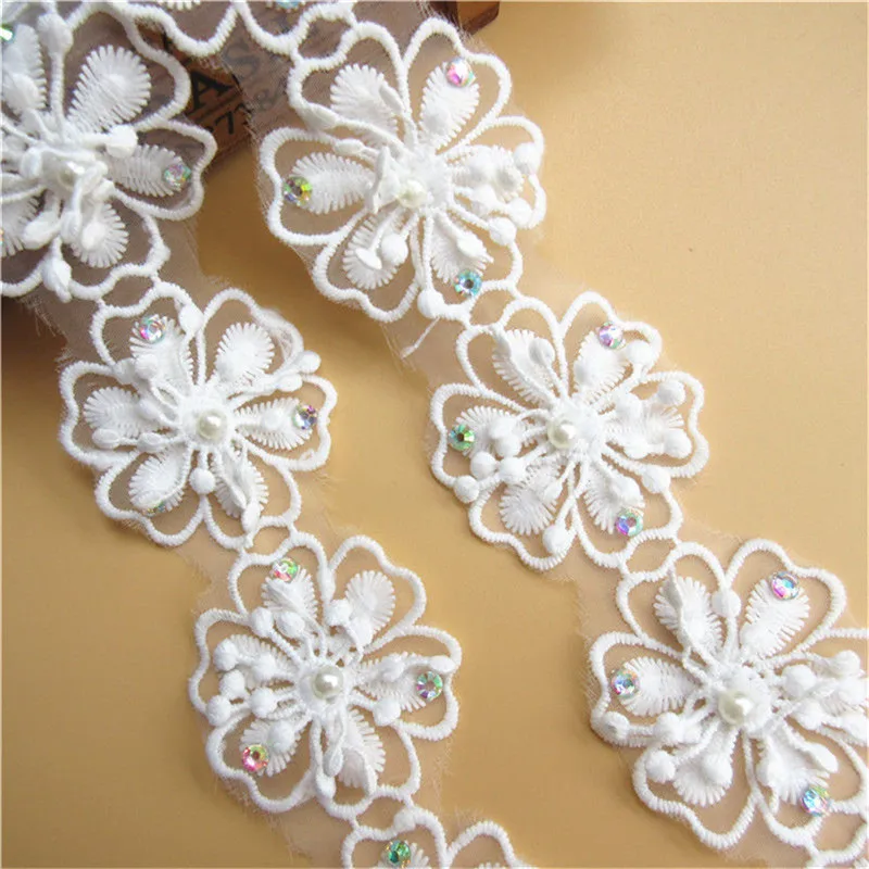 3 yard White Cotton Pearl Rhinestones Flower Embroidered Lace Trim