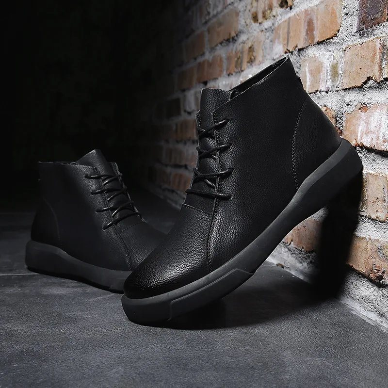

REETENE 2019 New Genuine Leather Men Boots Waterproof Fur Ankle Boots Men Hard-Wearing Work Boots Fashion Casual Men Boots