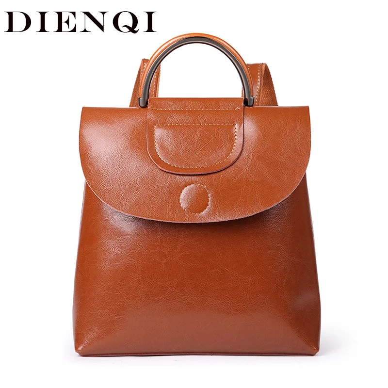 DIENQI Genuine Leather Women Backpacks Shoulder Bag 2019 Luxury Female Backpack Schoolbag Brown Vintage Laies Backpack for girls