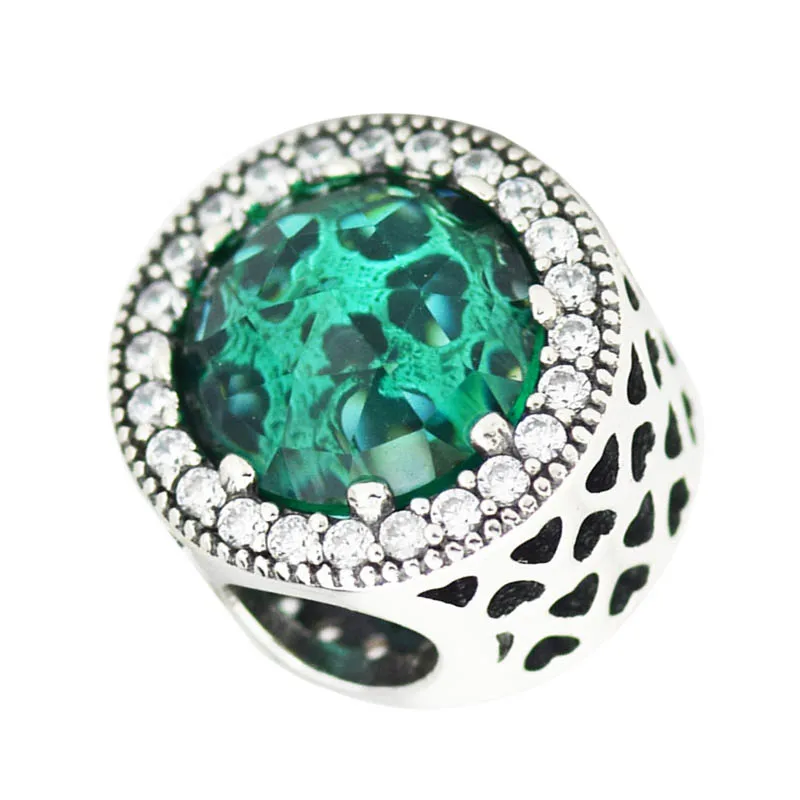 

925 Sterling Silver Radiant Hearts Charm with Sea Green Crystals & Clear CZ Fits Pandora Bracelets Beads for Jewelry Making