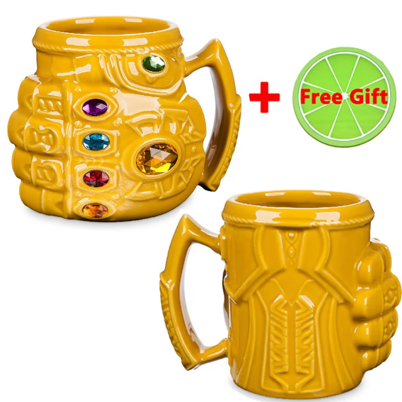

New Marvel Thanos Gloves Fist Coffee Mugs Anime Cups and Mugs Cool Plastic Infinity Gem Mark Drinkware Free Coaster As a Gift