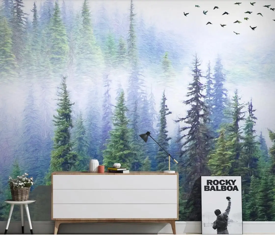 Туманный сосновый лес настенная бумага птица Фреска 3d фото настенная бумага s настенные фрески Роскошный домашний декор туманный горный