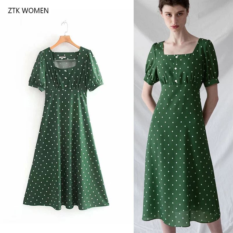 

ZTK WOMAN 2019 Women Fashion Floral Print Long Dress Ladies Button Square Collar Green Chic Korean Vestidos Brand Party Dress