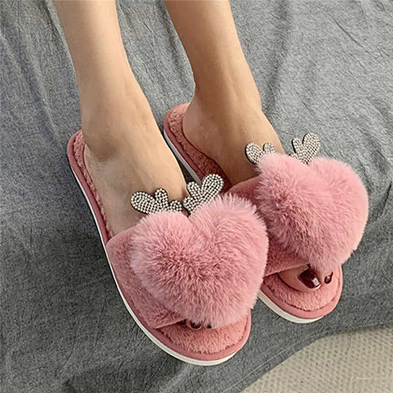 

Woman Cute Heart Deer Ear Plush Slippers Winter Flip Flops Warm Soft Bottom Cotton Non-Slip Home Fluffy Slippers Shoes #40