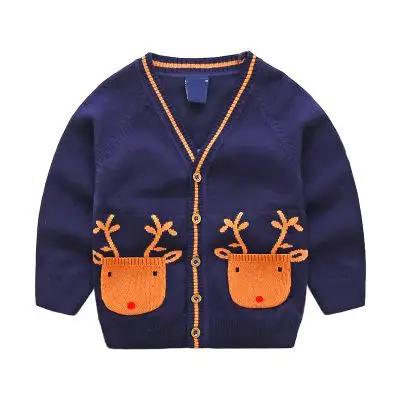 Пальто для мальчиков весна-осень г., свитер с оленем для маленьких и средних мальчиков свитер из хлопчатобумажной пряжи для мальчиков кардиган - Цвет: Синий