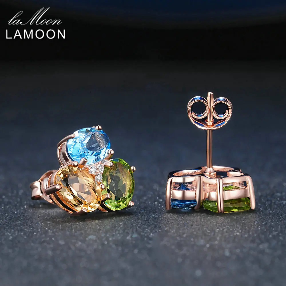 LAMOON 3pcs 3ct Oval Yellow Citrine Green Peridot Blue Topaz 925 sterling-silver-jewelry Earring S925 LMEI037