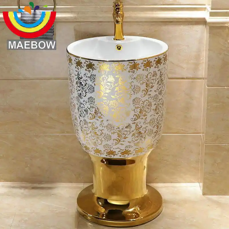 Mosaic Gold Stylish Round Pedestal Sink Ceramic Bathroom Sink With