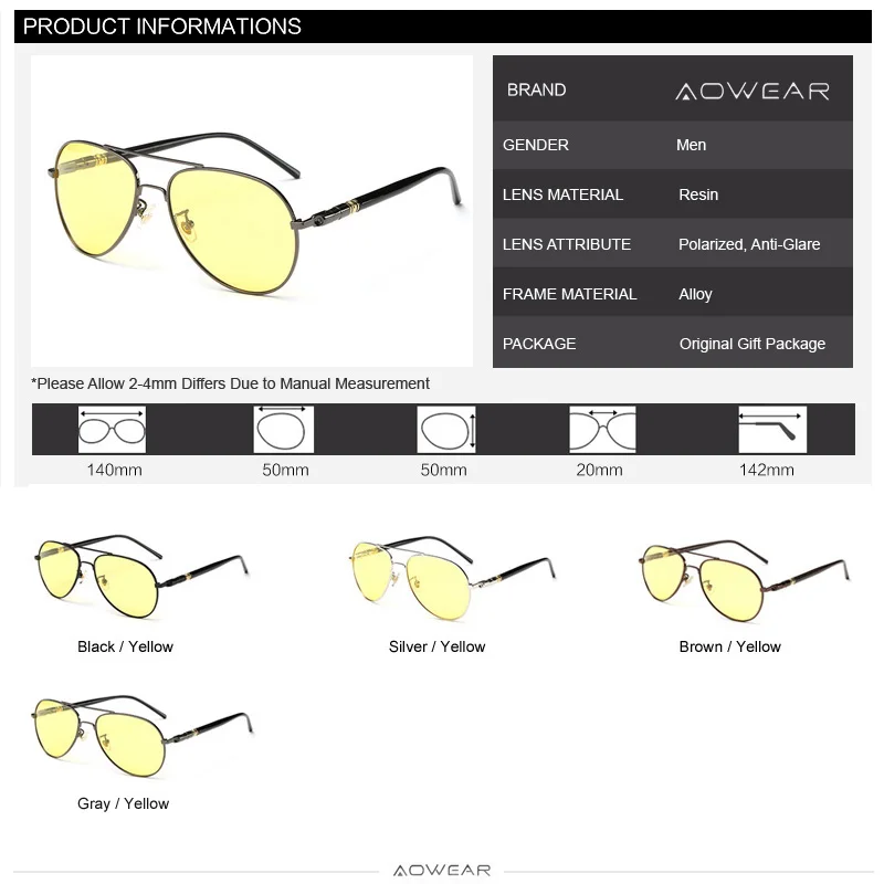 AOWEAR, известный бренд, очки ночного видения для вождения, желтые поляризованные солнцезащитные очки для мужчин и женщин, пилот водитель, солнцезащитные очки