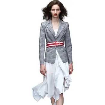 

Runway Fashion Patchwork Plaid Pattern Suit Type Irregular Dress High Quality Detachable Suit Dress with Belt